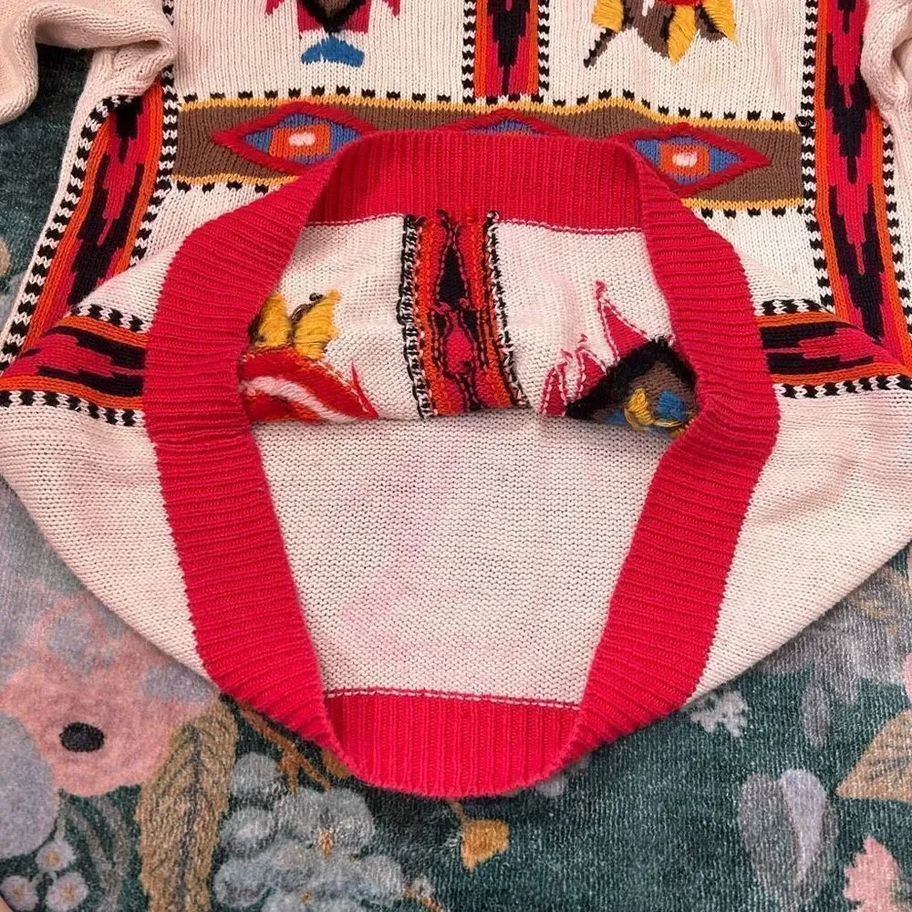 Emminent Womens Folk Art Embroidered vintage Crewneck Sweater Southwesterb Large